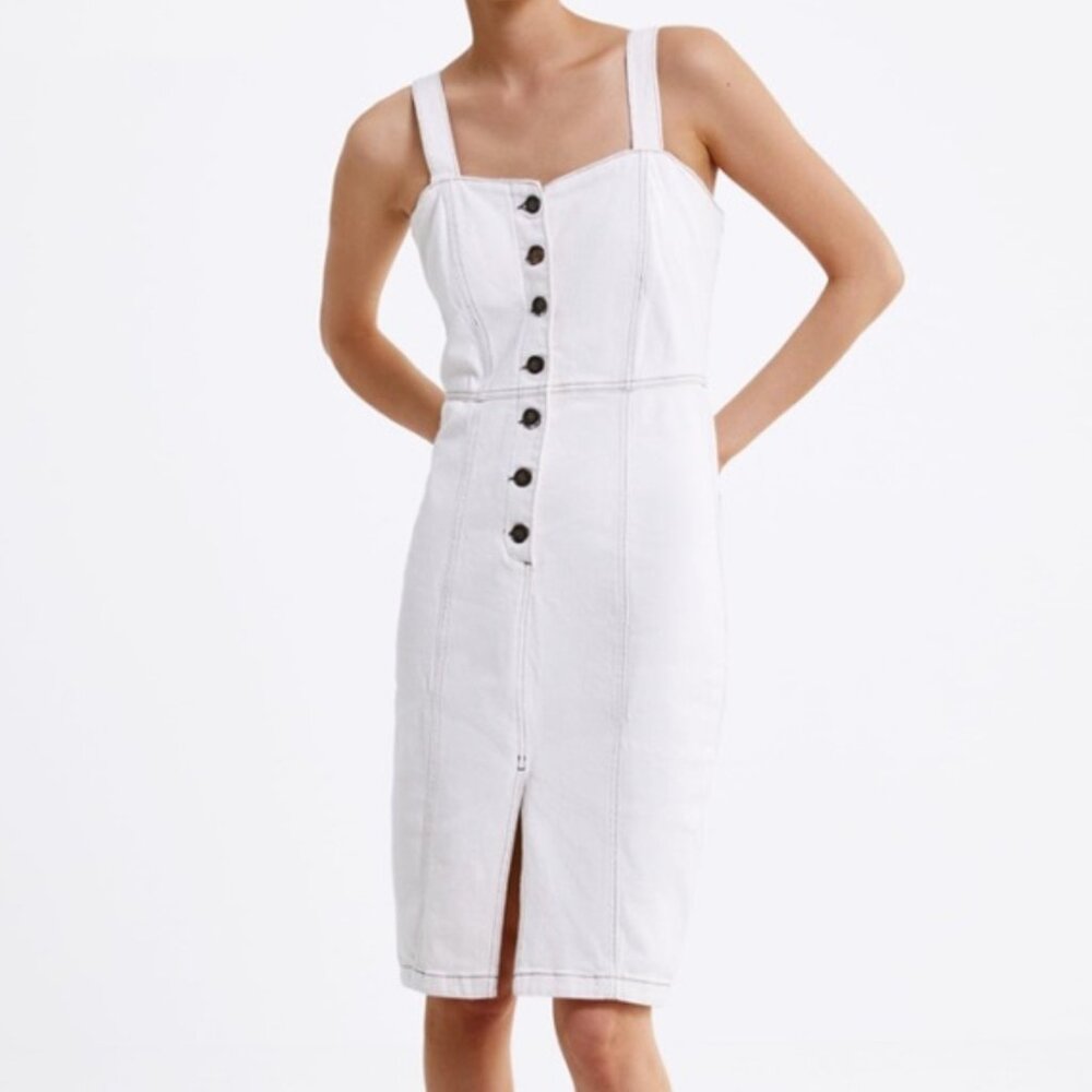 Zara Denim Overall Dress Bustier Top Stitching Button Front Cream Medium NWT.